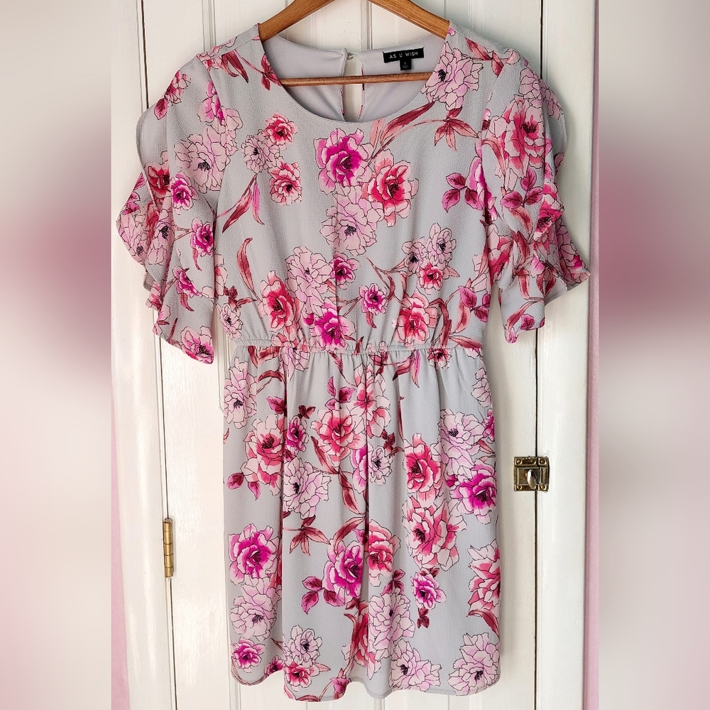 As U Wish Floral Flowy Split Flutter Sleeve Dress Sz S - Picture 2 of 11